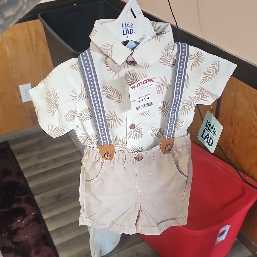 Little Lad Beige Leaf Print Shirt and Shorts with Gray Suspenders